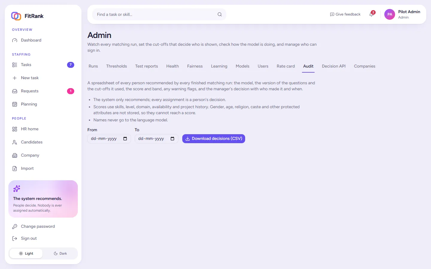 FitRank audit export: download a spreadsheet of every recommendation with model version, score, band and the manager's decision