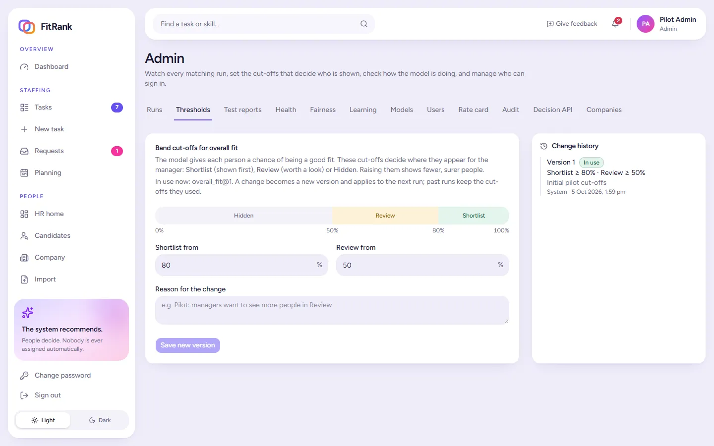 FitRank band cut-offs: shortlist from 80% and review from 50%, with a reason for each change and a versioned change history