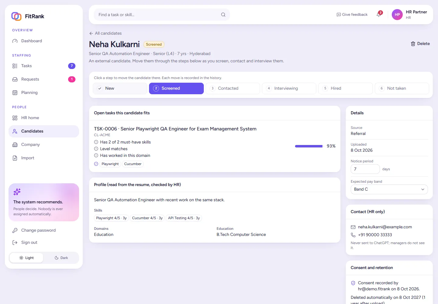 A FitRank external candidate page: pipeline stage, the open task they fit at 93%, the profile read from the resume and checked by HR, and consent with an automatic deletion date