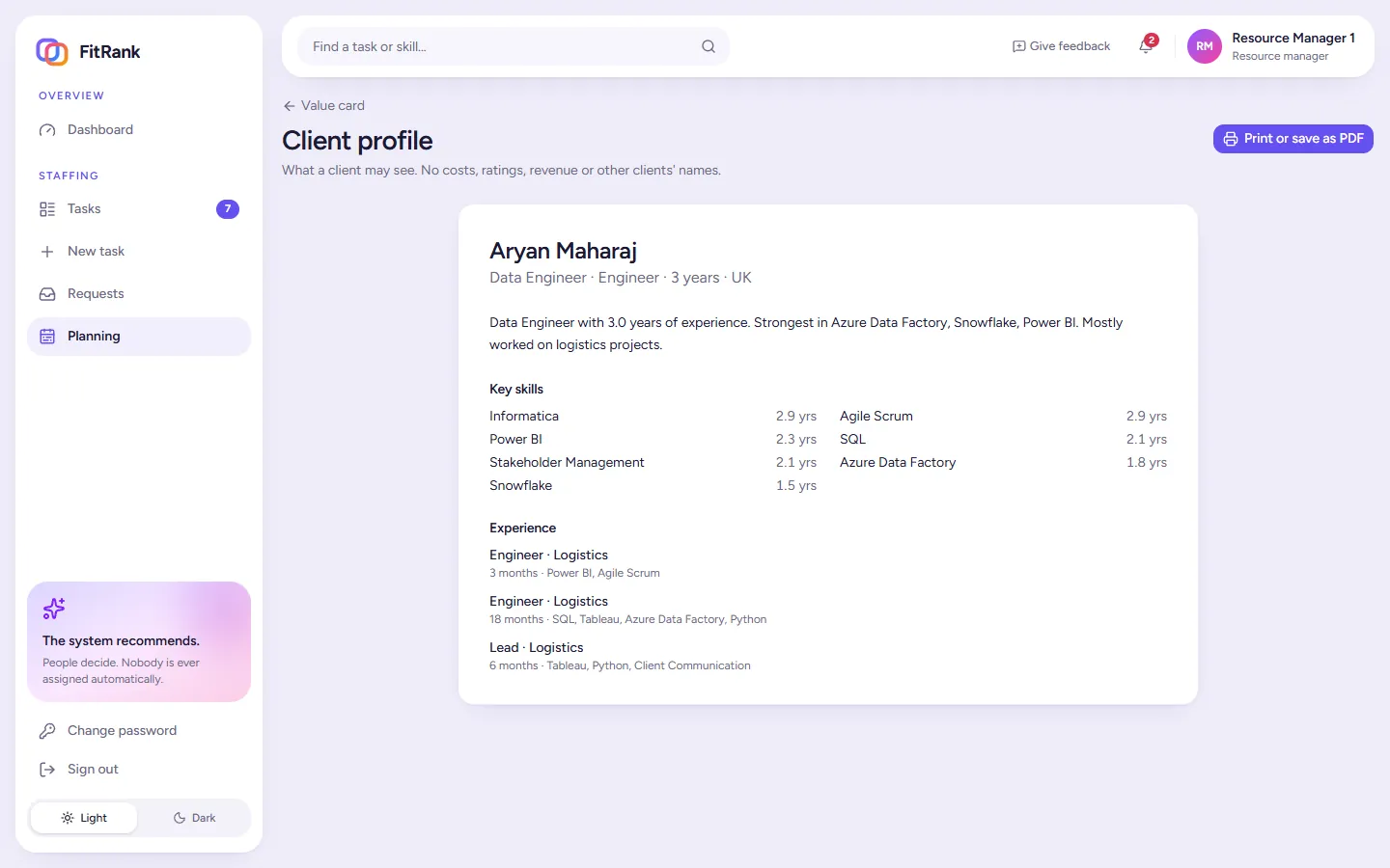 FitRank client profile for an employee: experience summary, key skills with years and recent projects, with no cost, ratings or other clients' names