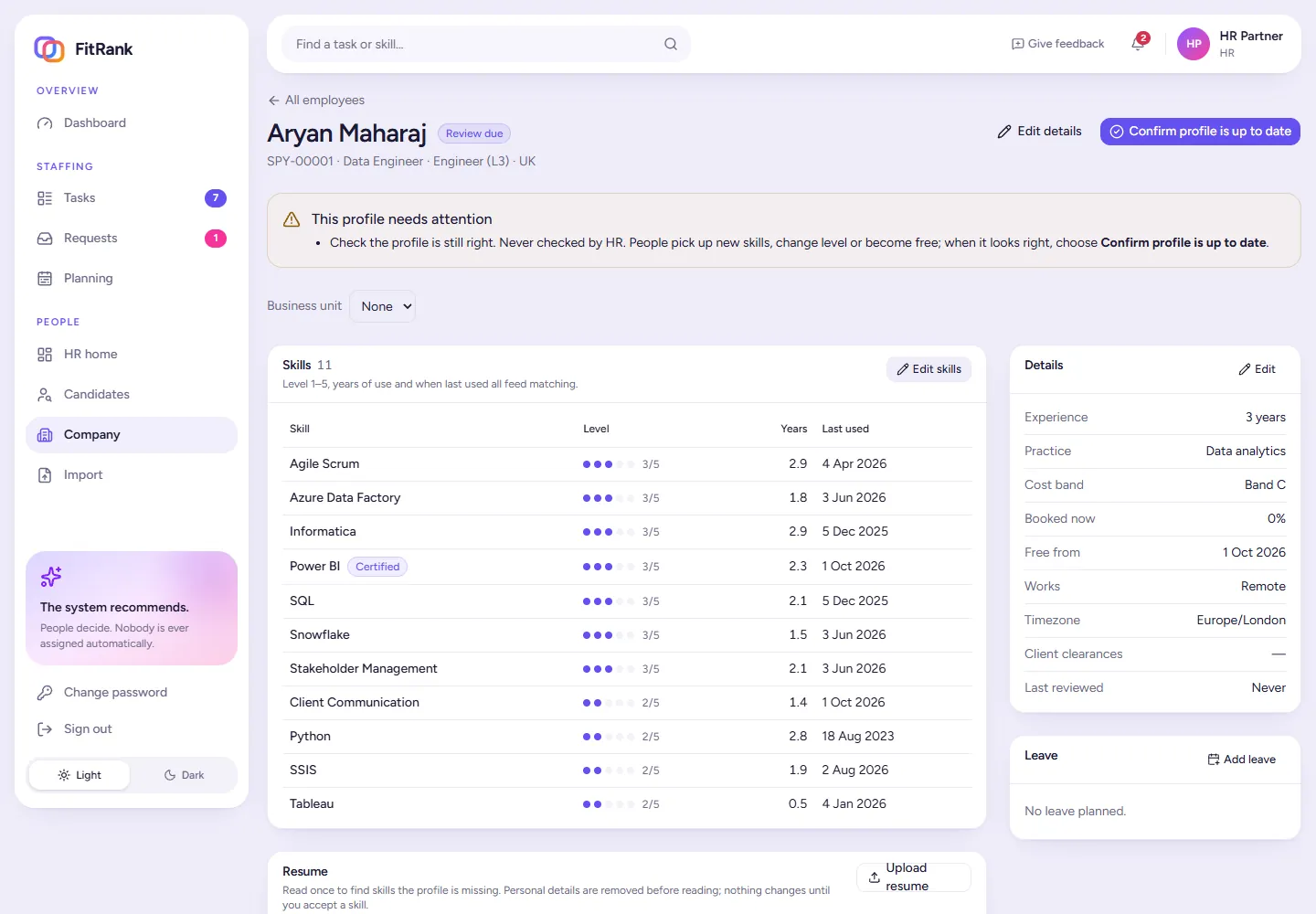 A FitRank employee record: skills with level, years and last used, profile details, leave, and a prompt to confirm the profile is up to date