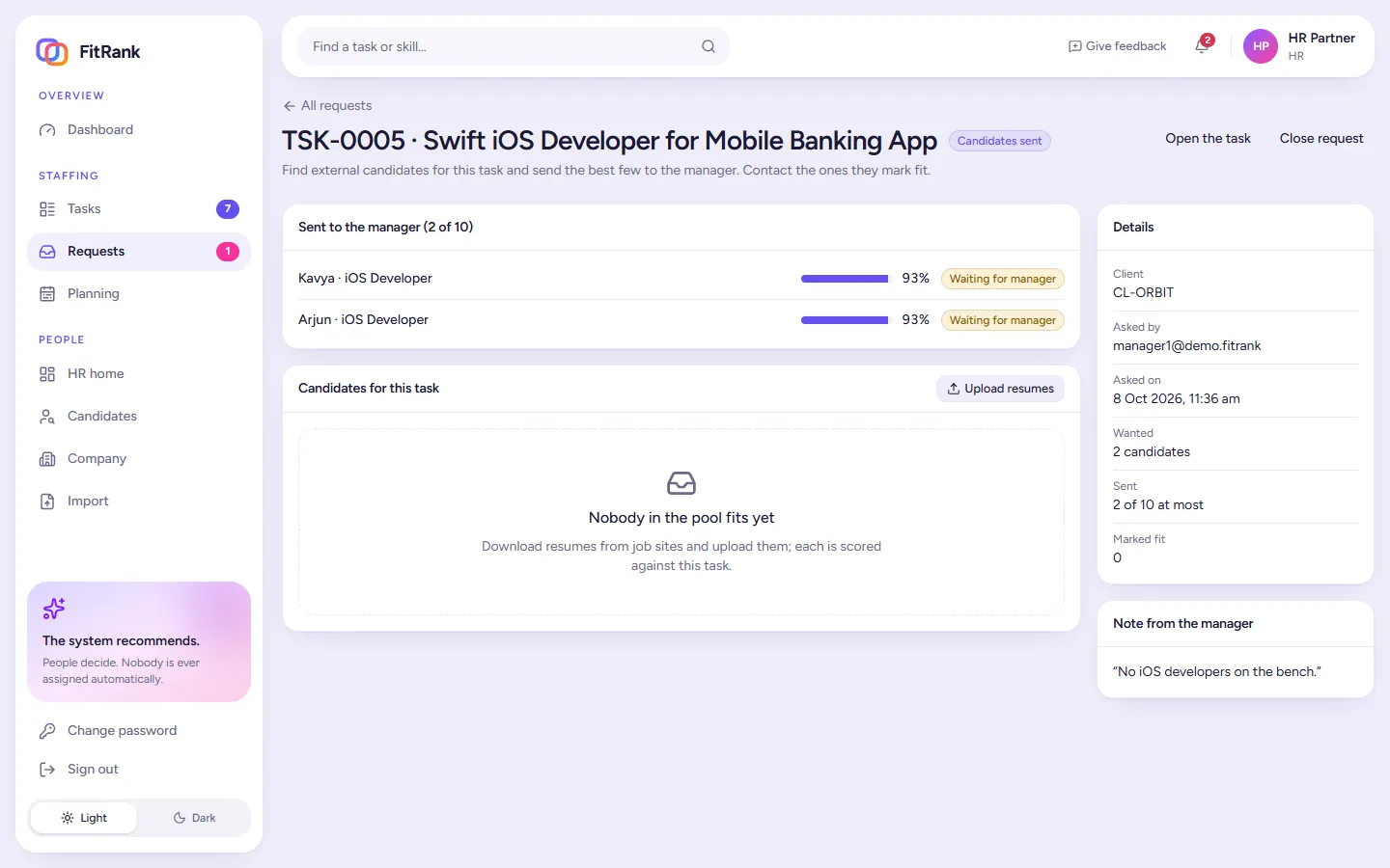 A FitRank hiring request for an iOS developer: two candidates sent to the manager with fit scores, request details and the manager's note