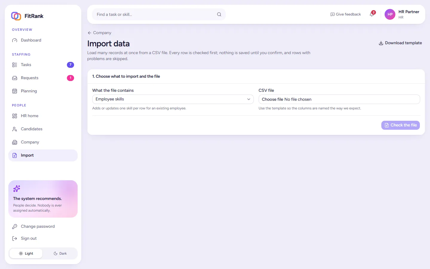 FitRank CSV import: choose what the file contains and upload it; every row is checked first and nothing is saved until you confirm