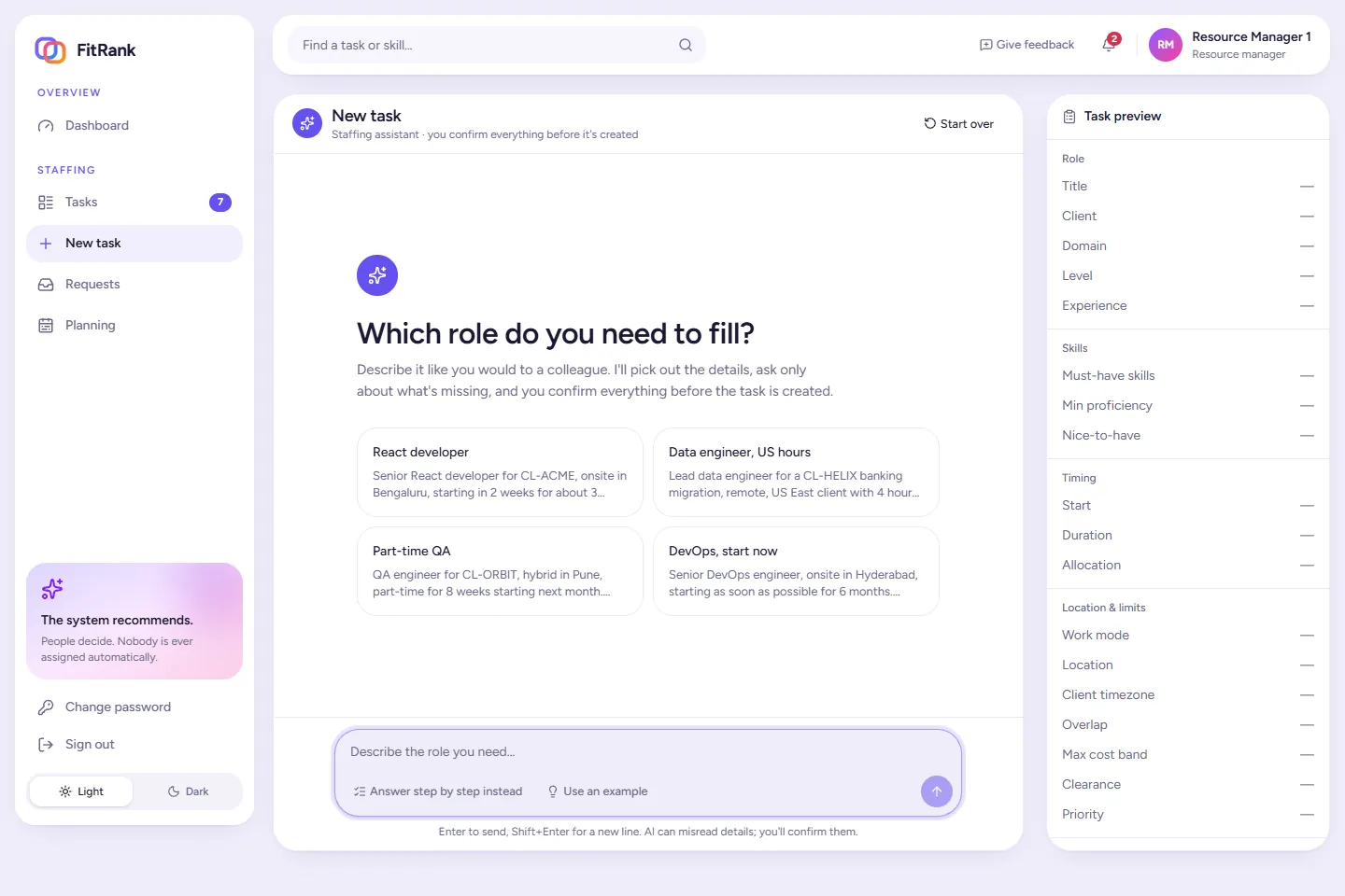 FitRank new-task assistant asking which role you need to fill, with example prompts and a live task preview of role, skills, timing and location fields
