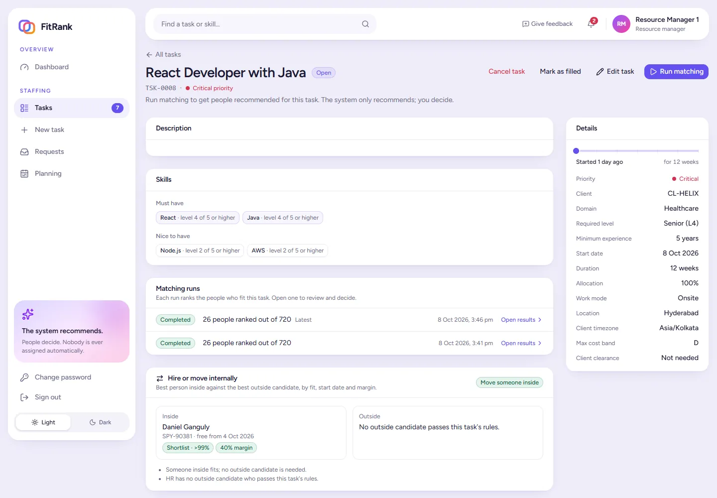 A FitRank task page for a React developer with Java: must-have and nice-to-have skills, two completed matching runs and a hire-or-move card recommending an internal person