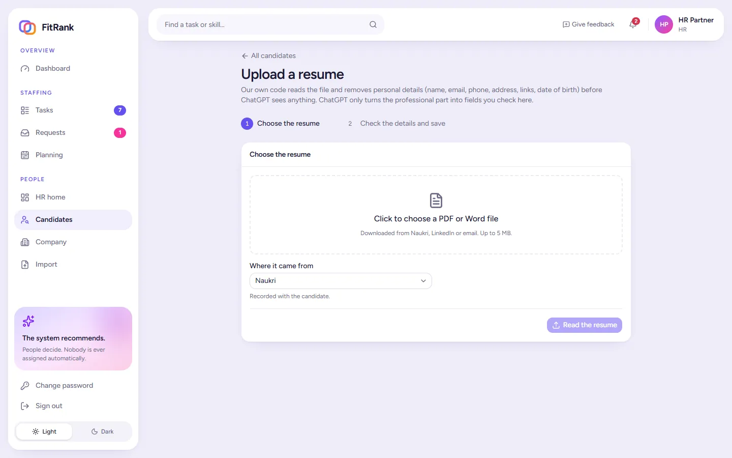 FitRank resume upload: personal details are removed by code before AI reads the file, then HR checks the extracted fields before saving
