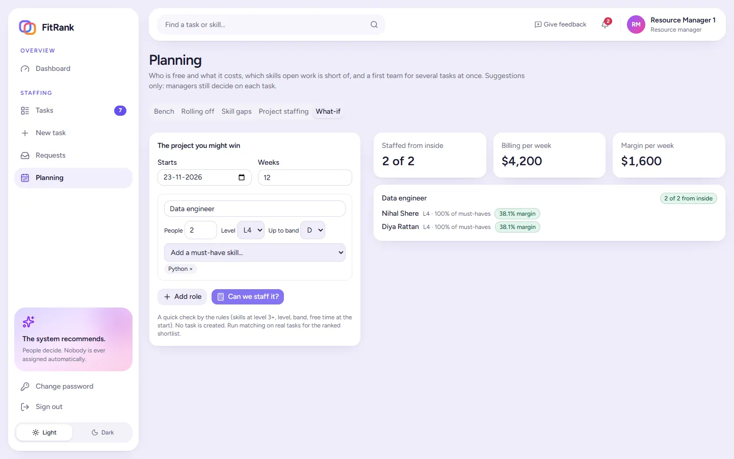FitRank what-if check for a prospective project: two data engineers at level L4 with Python, both staffable from inside, with billing and margin per week